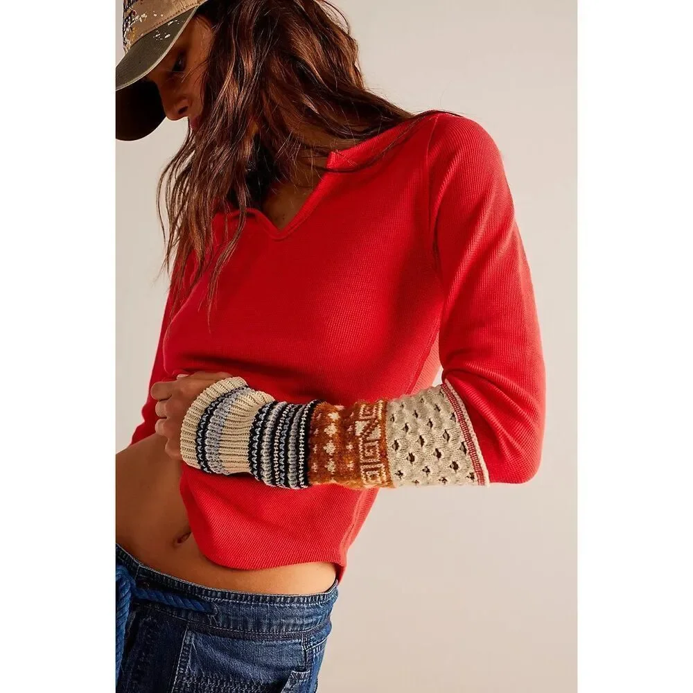 Free People Cozy Craft Cuff Top in Red Combo